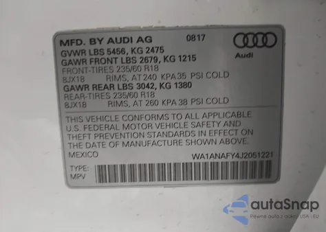 2018 Audi Q5 2.0T Premium/2.0T Tech Premium z USA, uszkodzony, nr VIN WA1ANAFY4J2051221